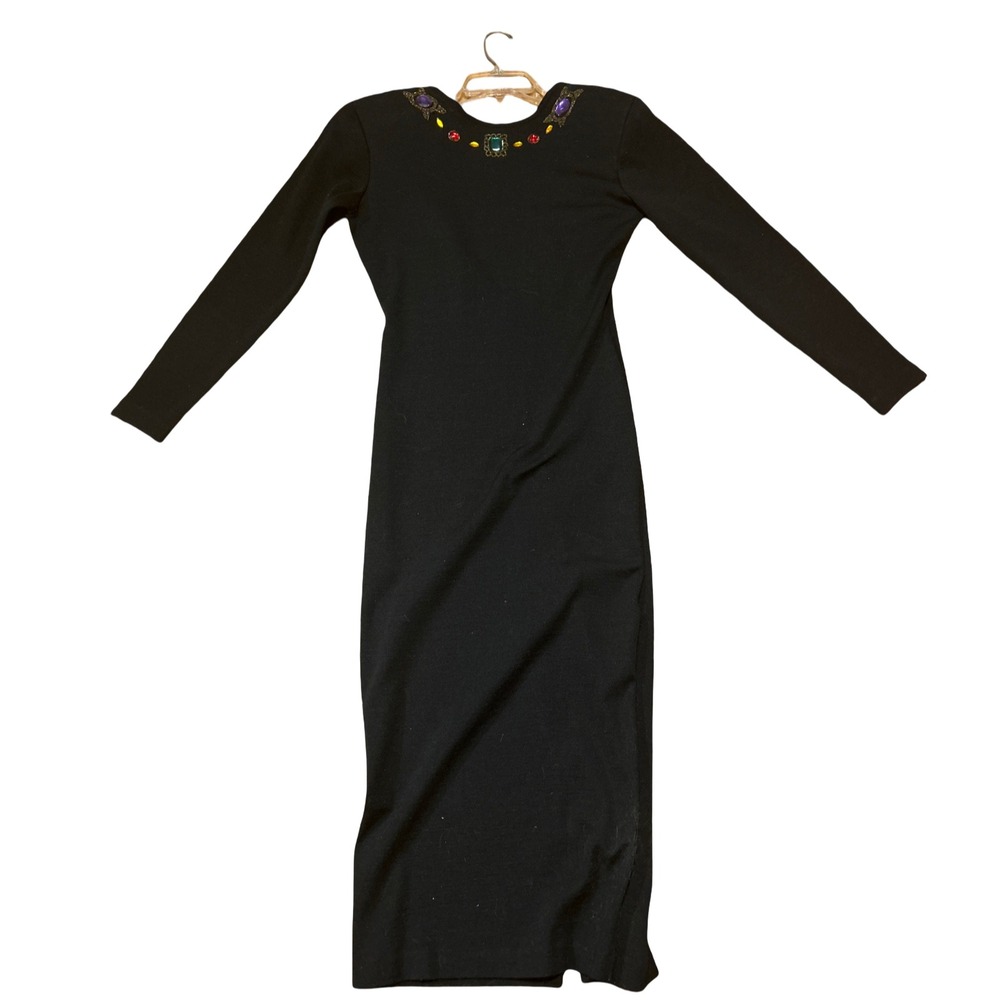 Vintage Fusion Black Embellished Jewel Neck‎ Maxi Dress Long Sleeve size med